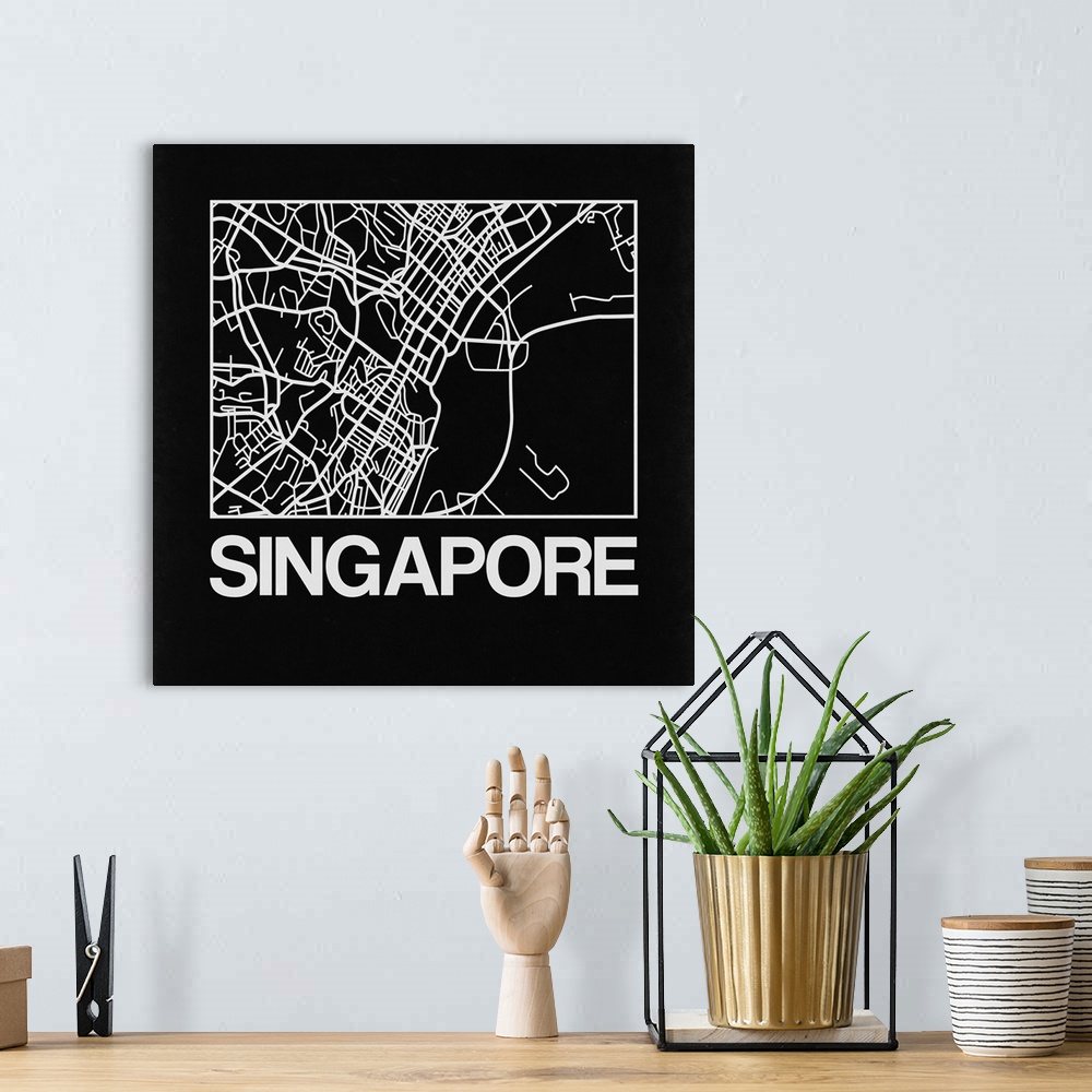 A bohemian room featuring Contemporary minimalist art map of the city streets of Singapore.