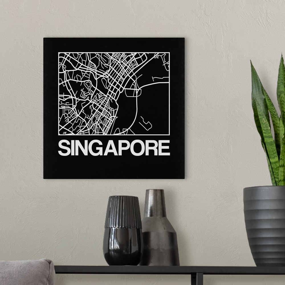 A modern room featuring Contemporary minimalist art map of the city streets of Singapore.