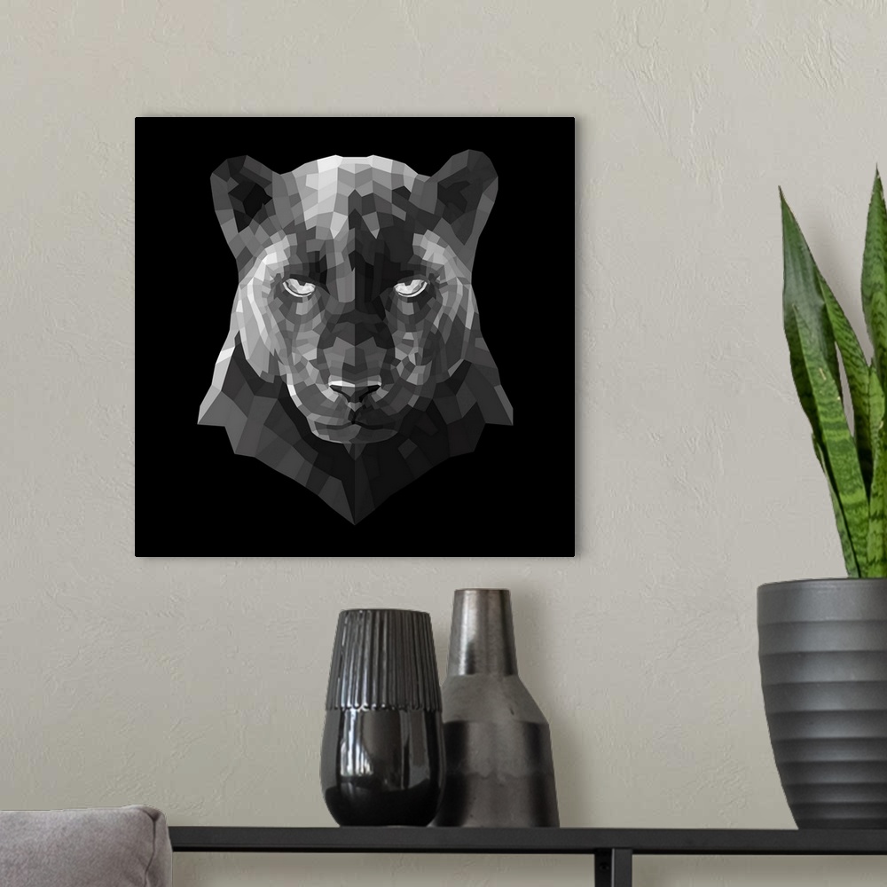 A modern room featuring Panther head made up of a polygon mesh.