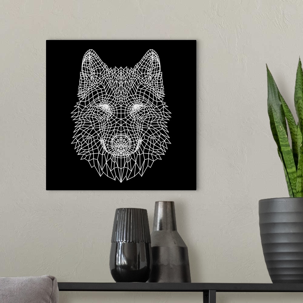 A modern room featuring Wolf head made up of a polygon mesh.