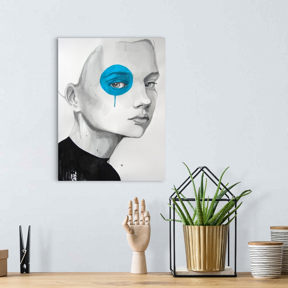 A bohemian room featuring Contemporary watercolor portrait of a woman with blue paint dot painted over her eye.