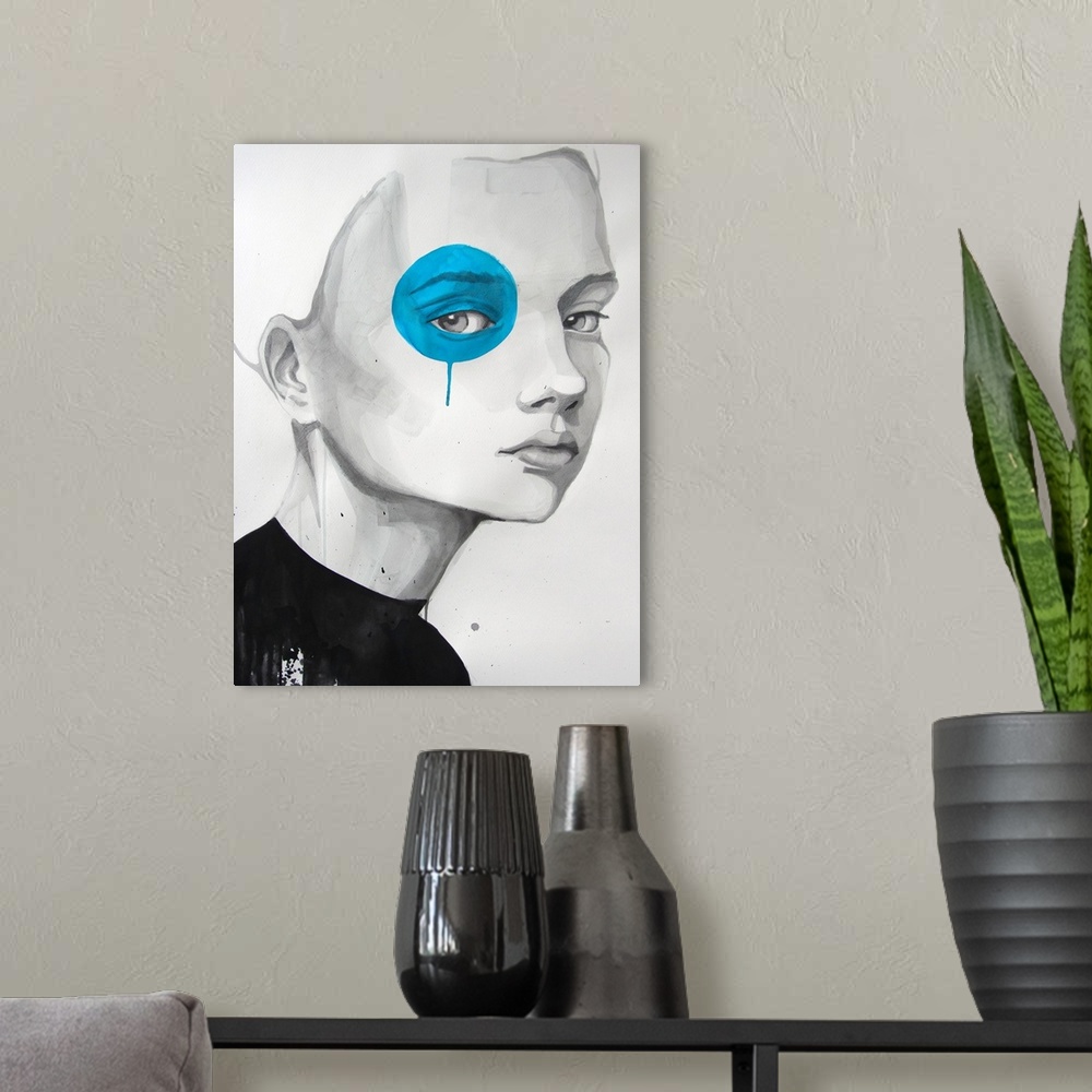 A modern room featuring Contemporary watercolor portrait of a woman with blue paint dot painted over her eye.