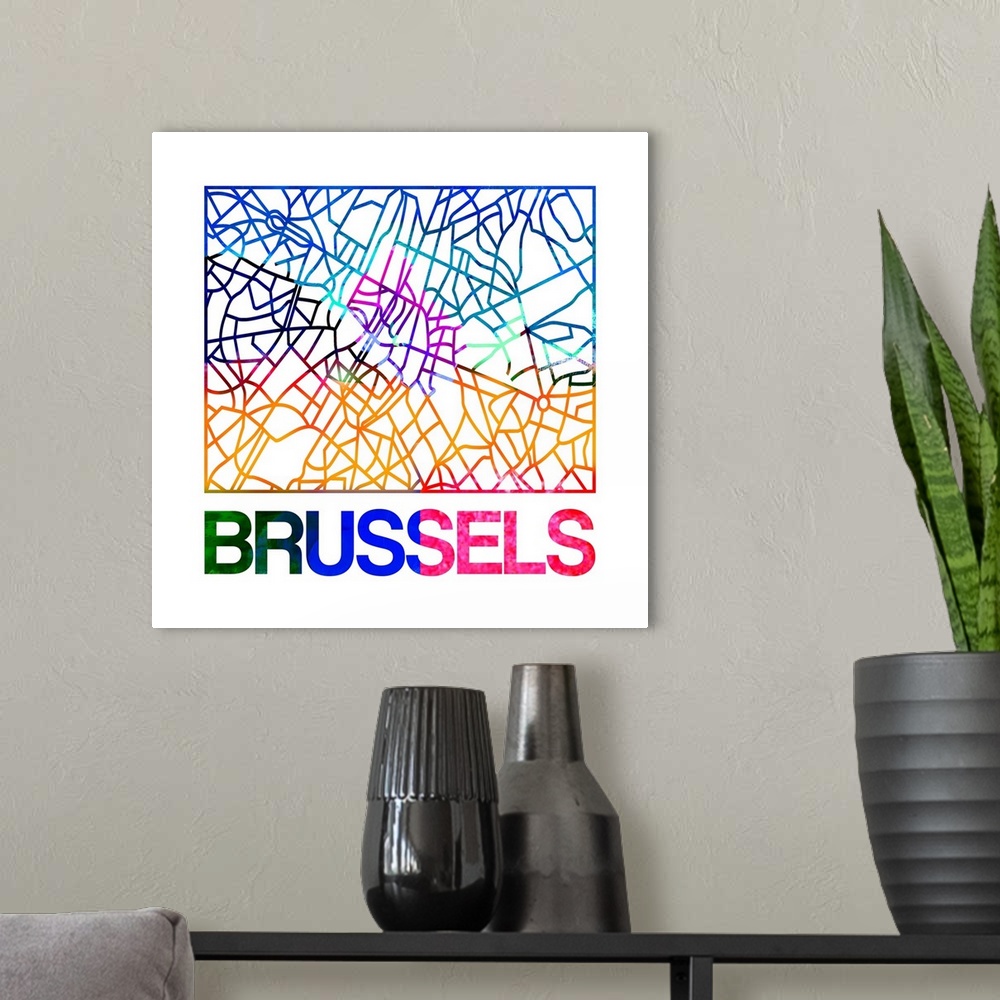 A modern room featuring Colorful map of the streets of Brussels, Belgium.