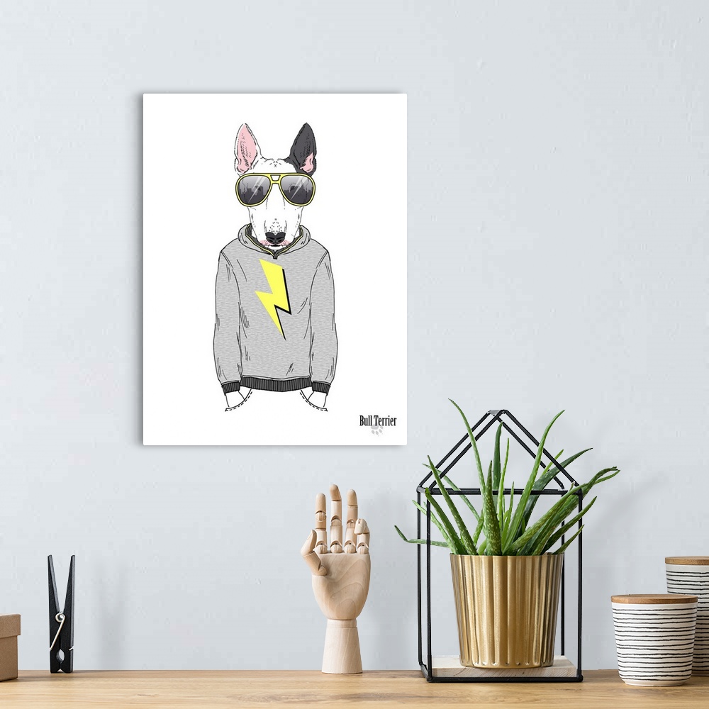 A bohemian room featuring Contemporary illustrative artwork of an animal in hipster fashion against a white background.