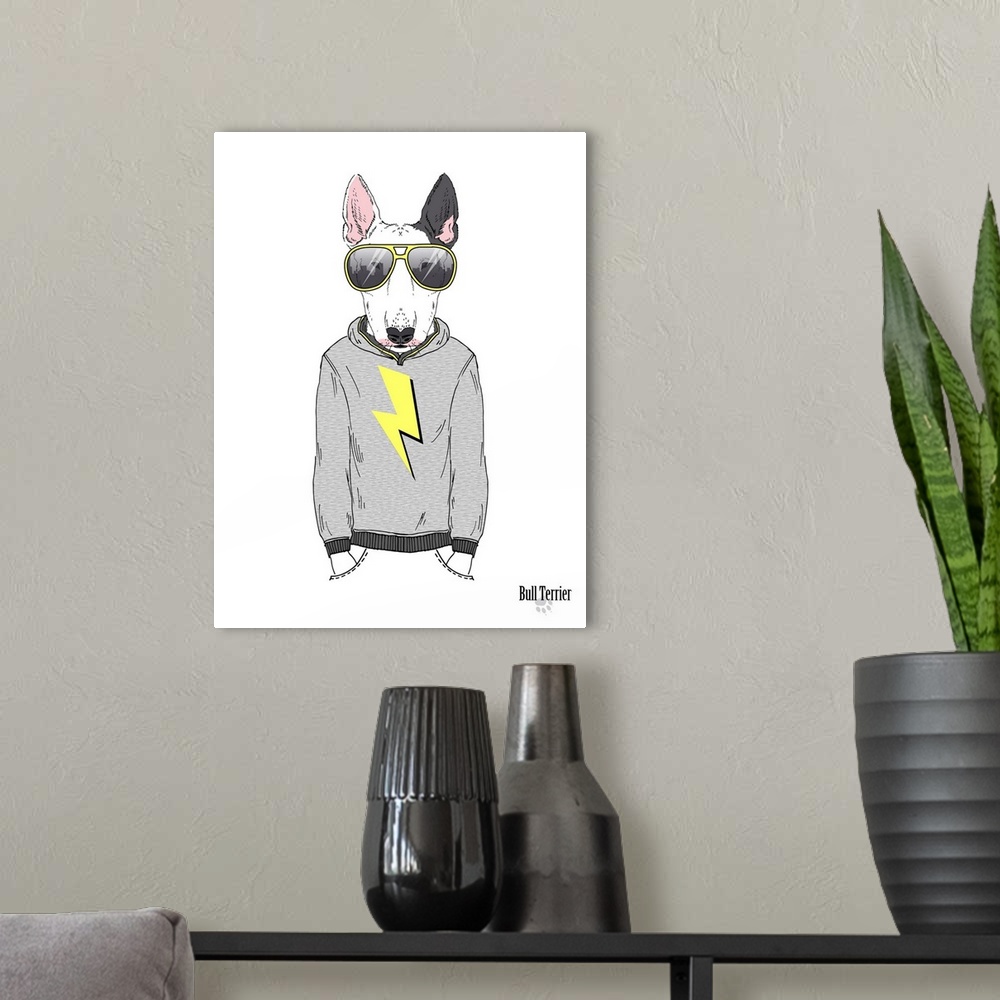 A modern room featuring Contemporary illustrative artwork of an animal in hipster fashion against a white background.