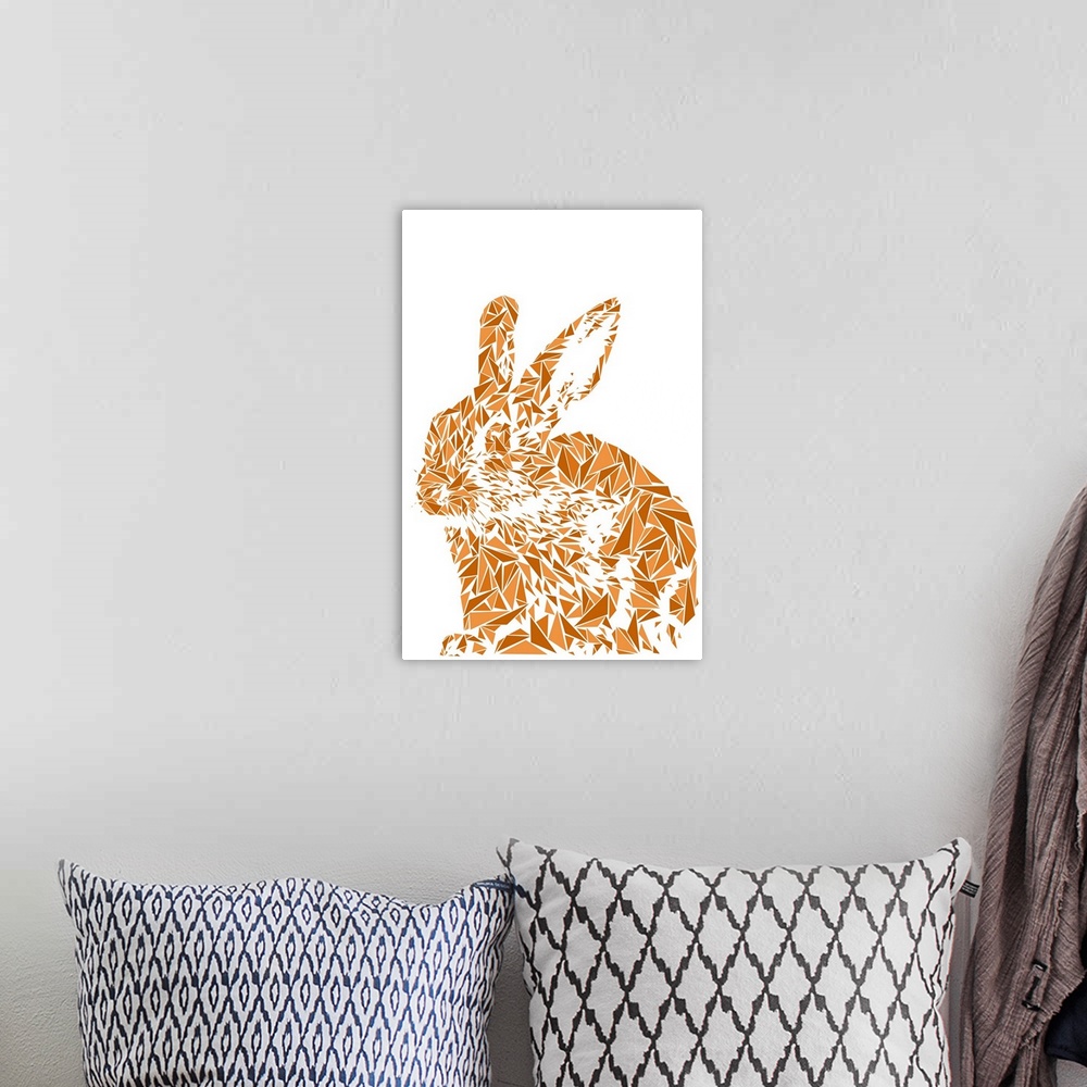 A bohemian room featuring A rabbit made up of triangular geometric shapes.