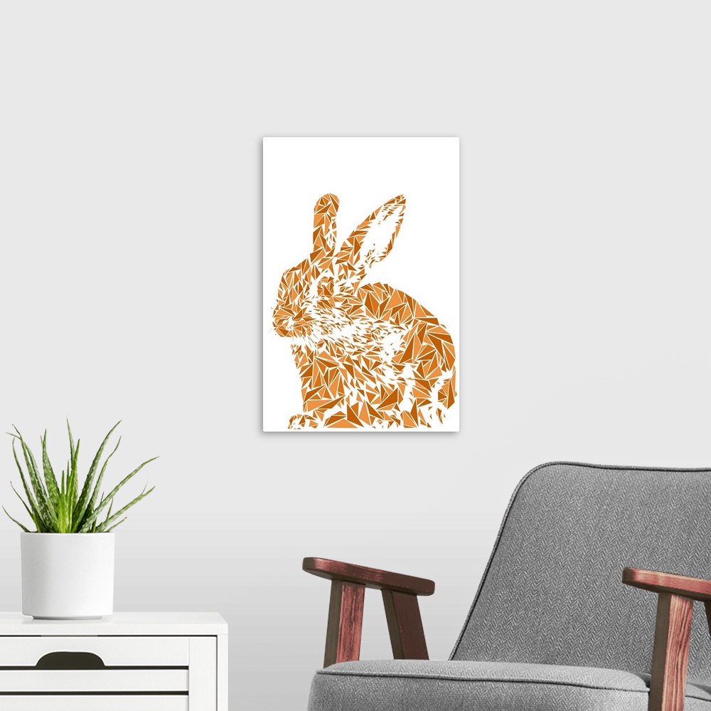 A modern room featuring A rabbit made up of triangular geometric shapes.