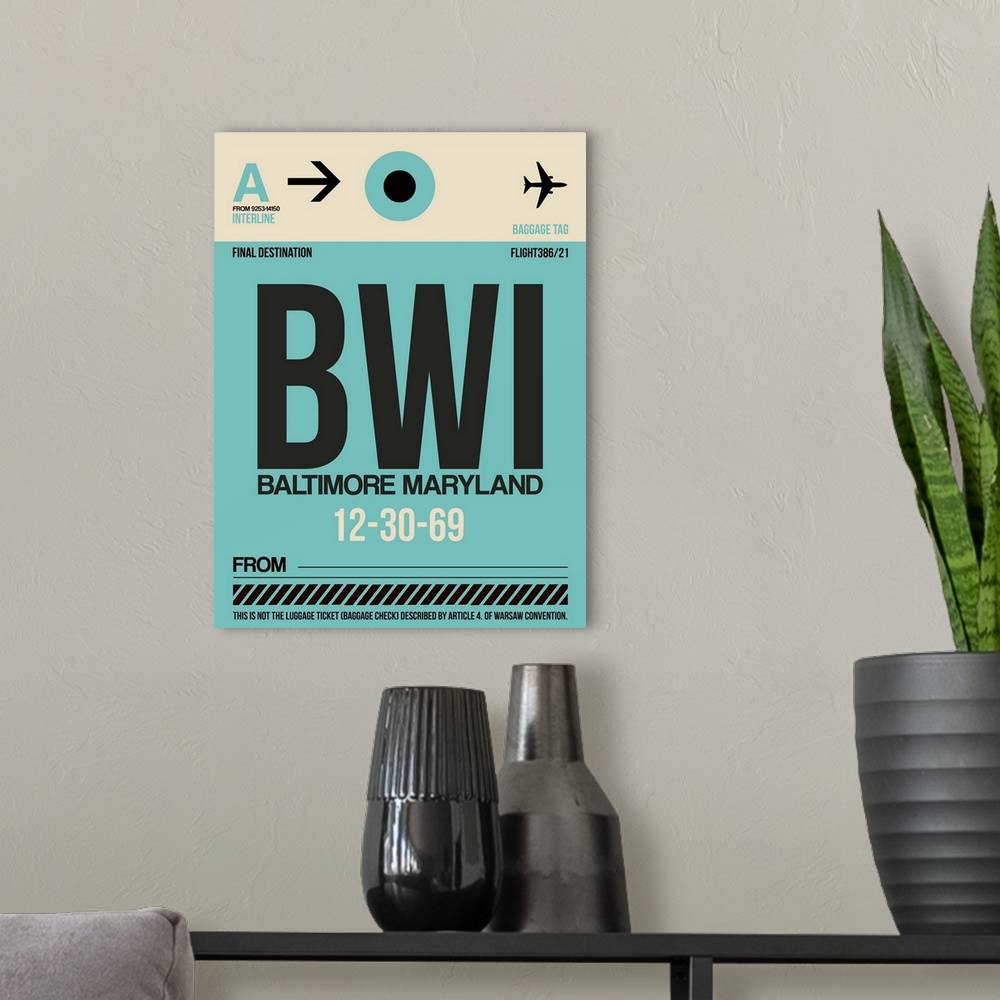 A modern room featuring BWI Baltimore Luggage Tag I