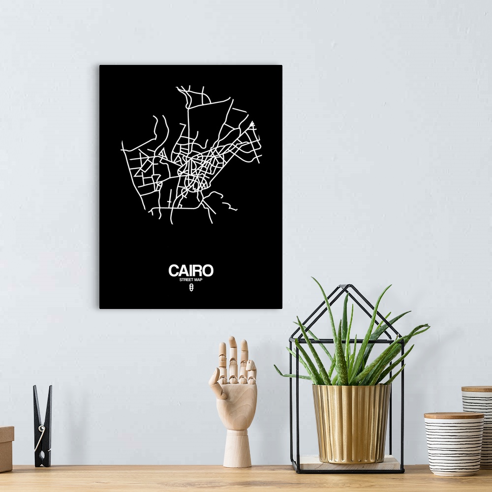 A bohemian room featuring Minimalist art map of the city streets of Cairo in black and white.