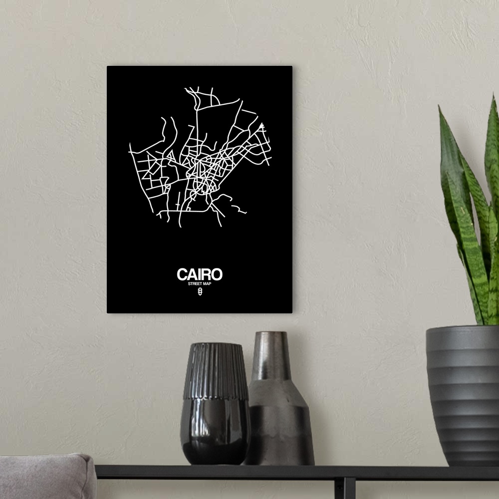 A modern room featuring Minimalist art map of the city streets of Cairo in black and white.