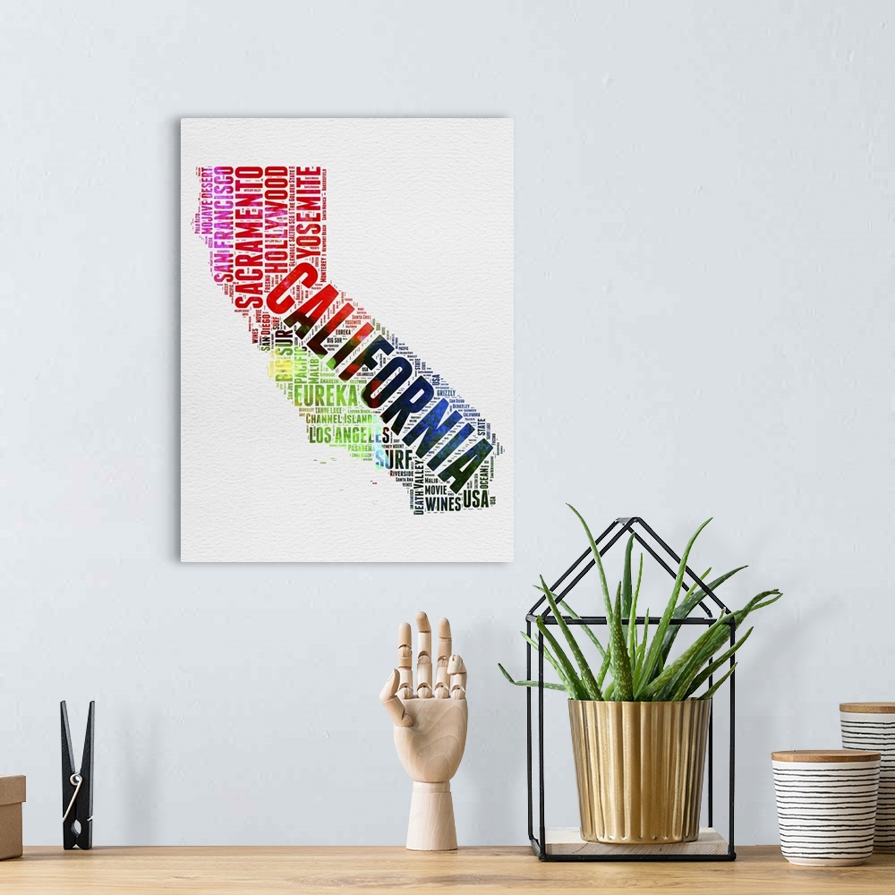 A bohemian room featuring Watercolor typography art map of the US state California.