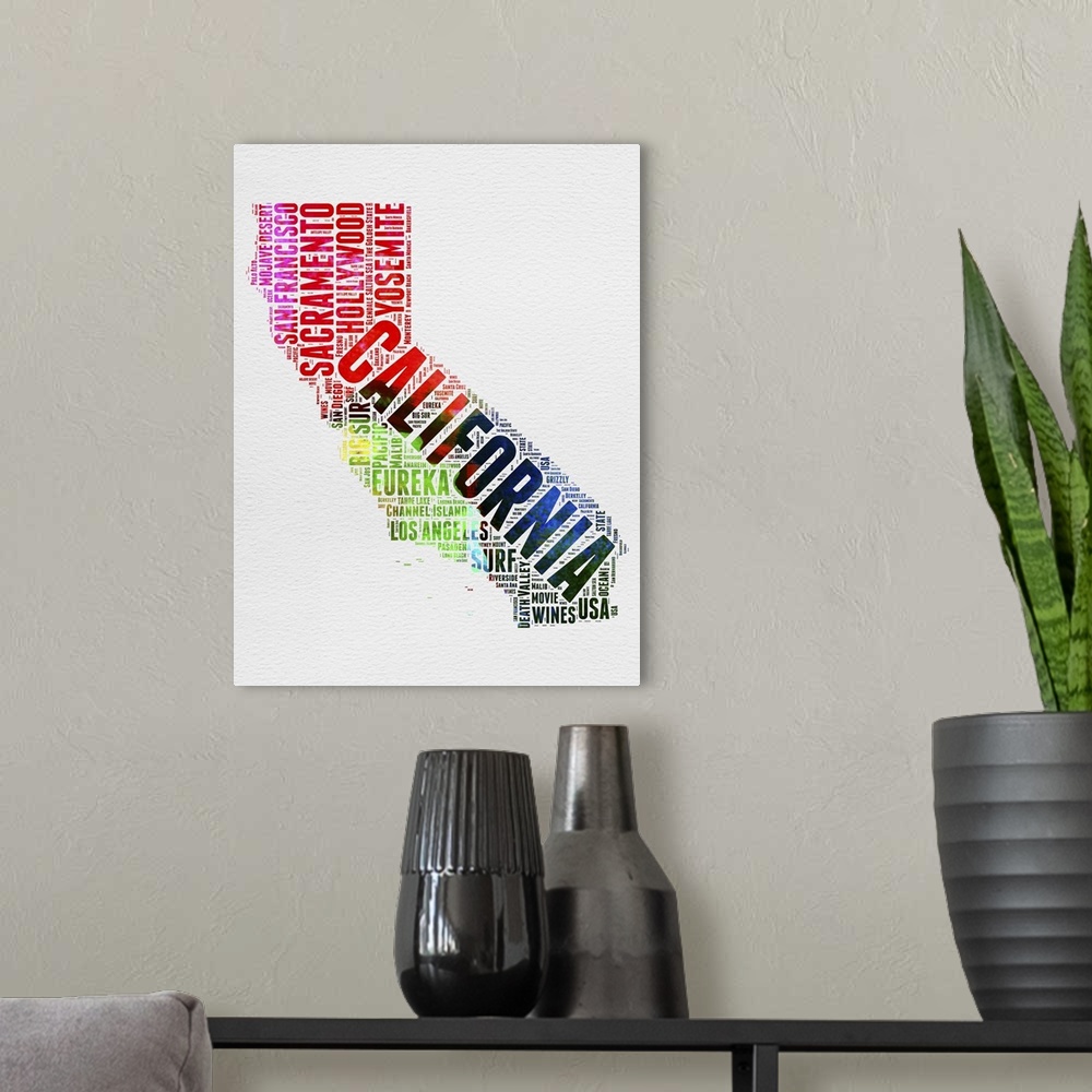 A modern room featuring Watercolor typography art map of the US state California.