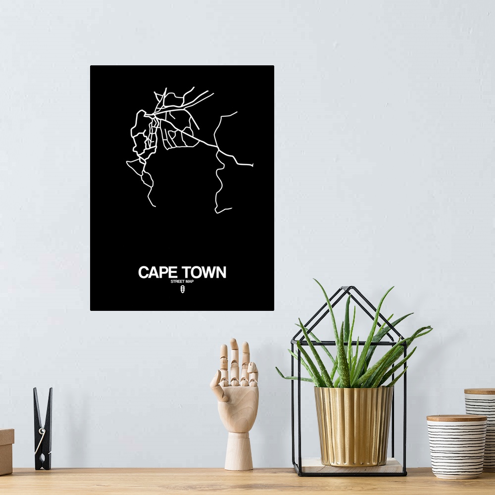 A bohemian room featuring Minimalist art map of the city streets of Cape Town in black and white.
