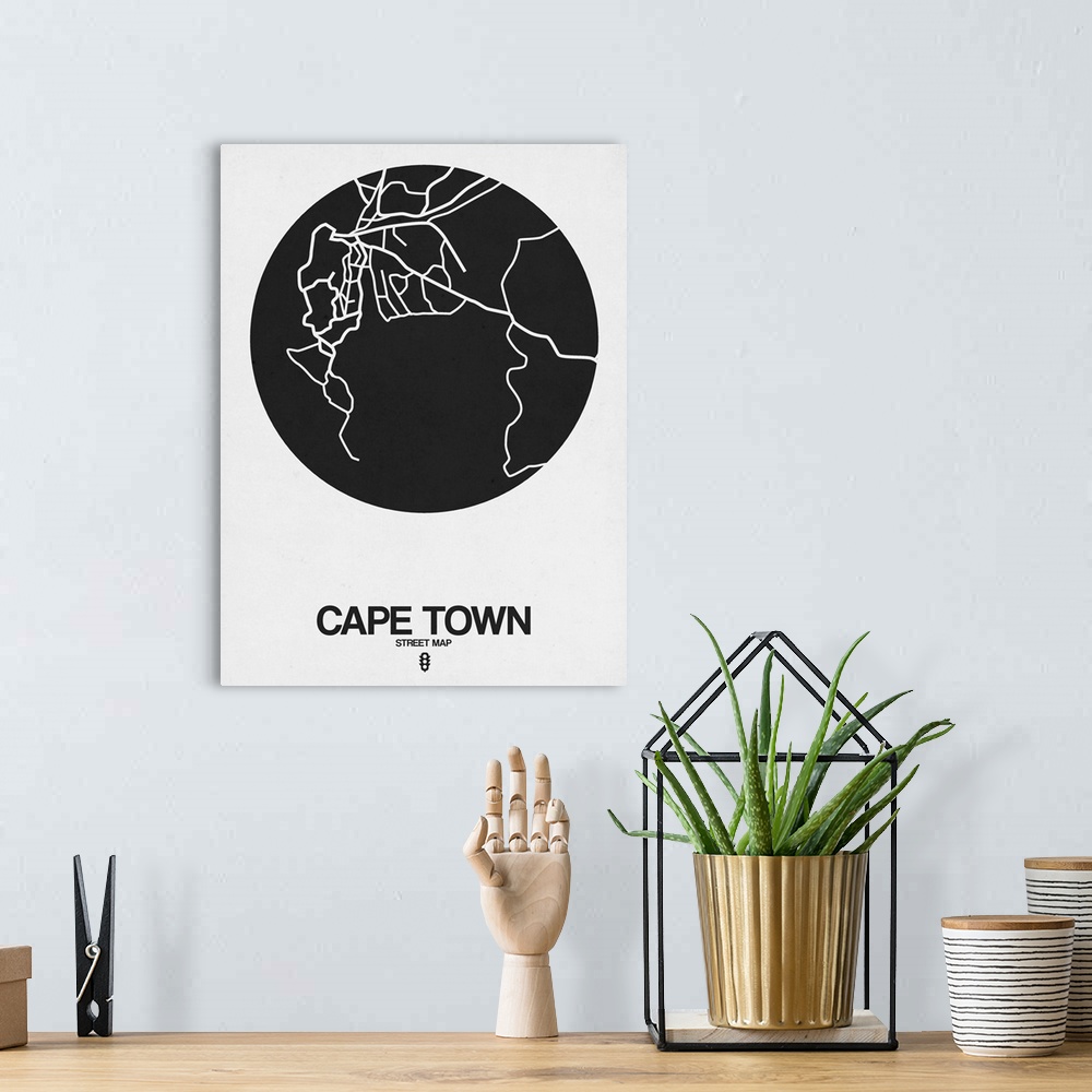 A bohemian room featuring Minimalist art map of the city streets of Cape Town in white and black.