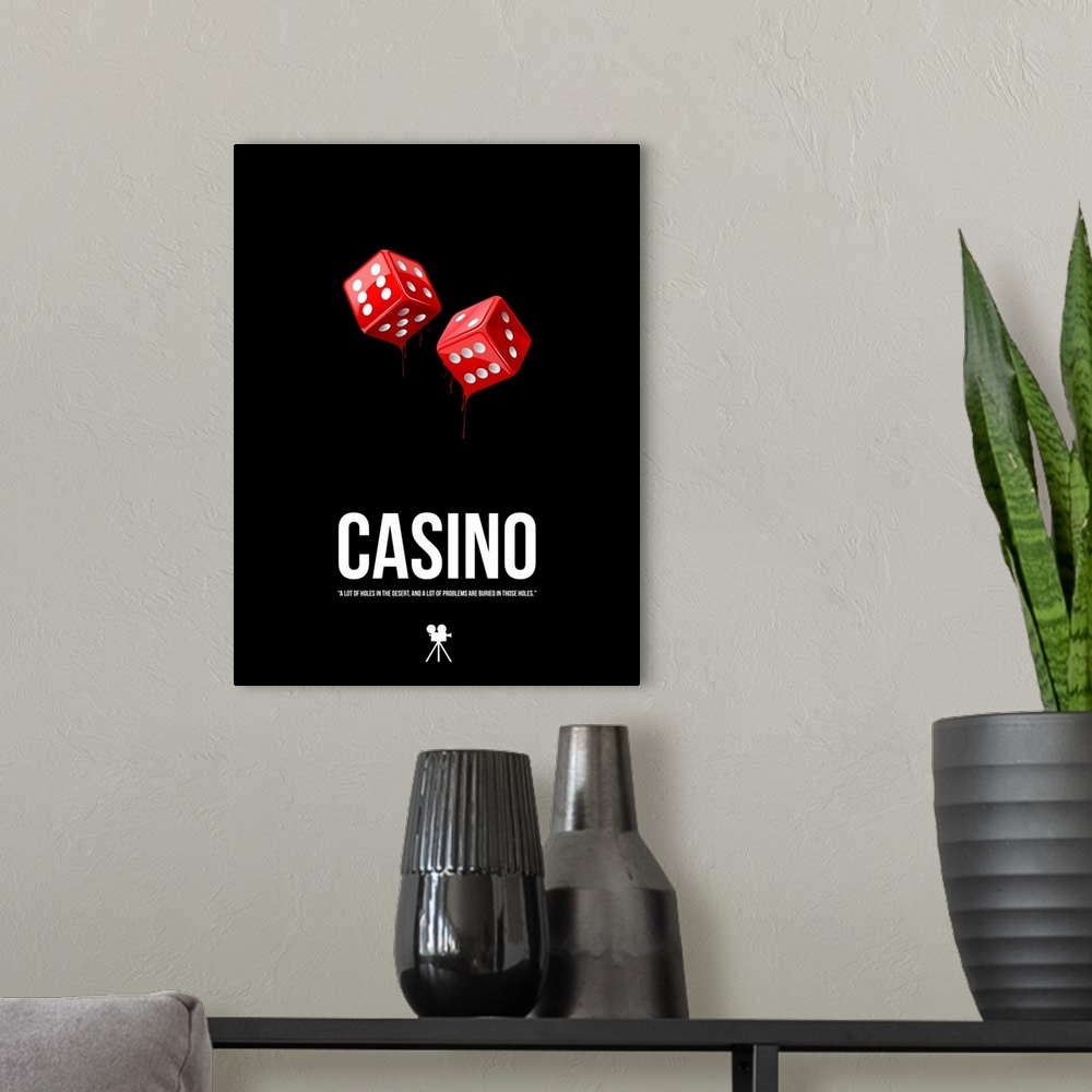 A modern room featuring A contemporary minimalist movie poster featuring a pair of dice and a quote from the movie