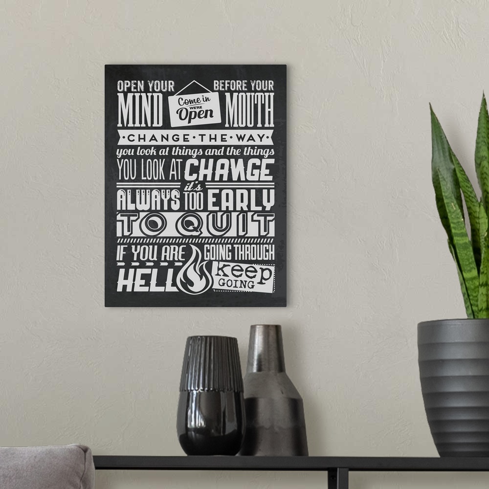 A modern room featuring Contemporary chalkboard style typography art.