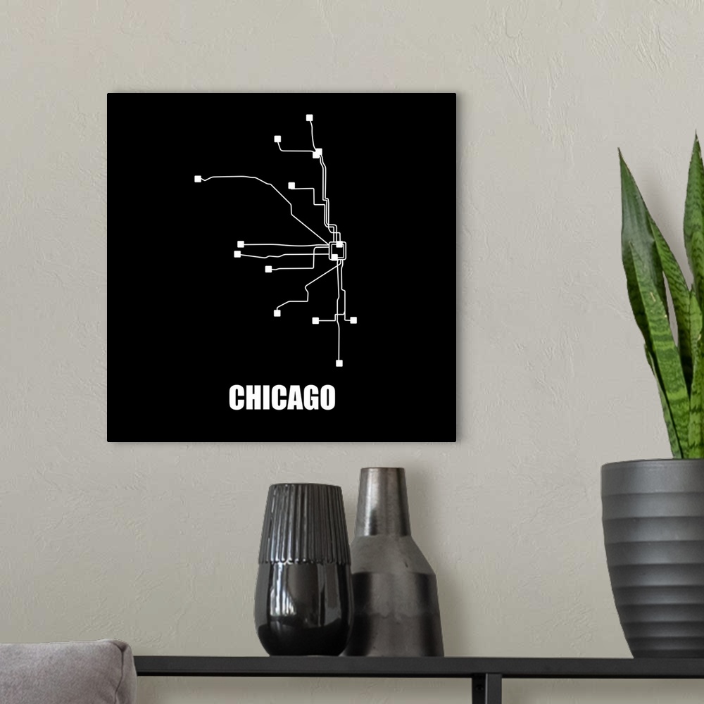 A modern room featuring Chicago Black Subway Map