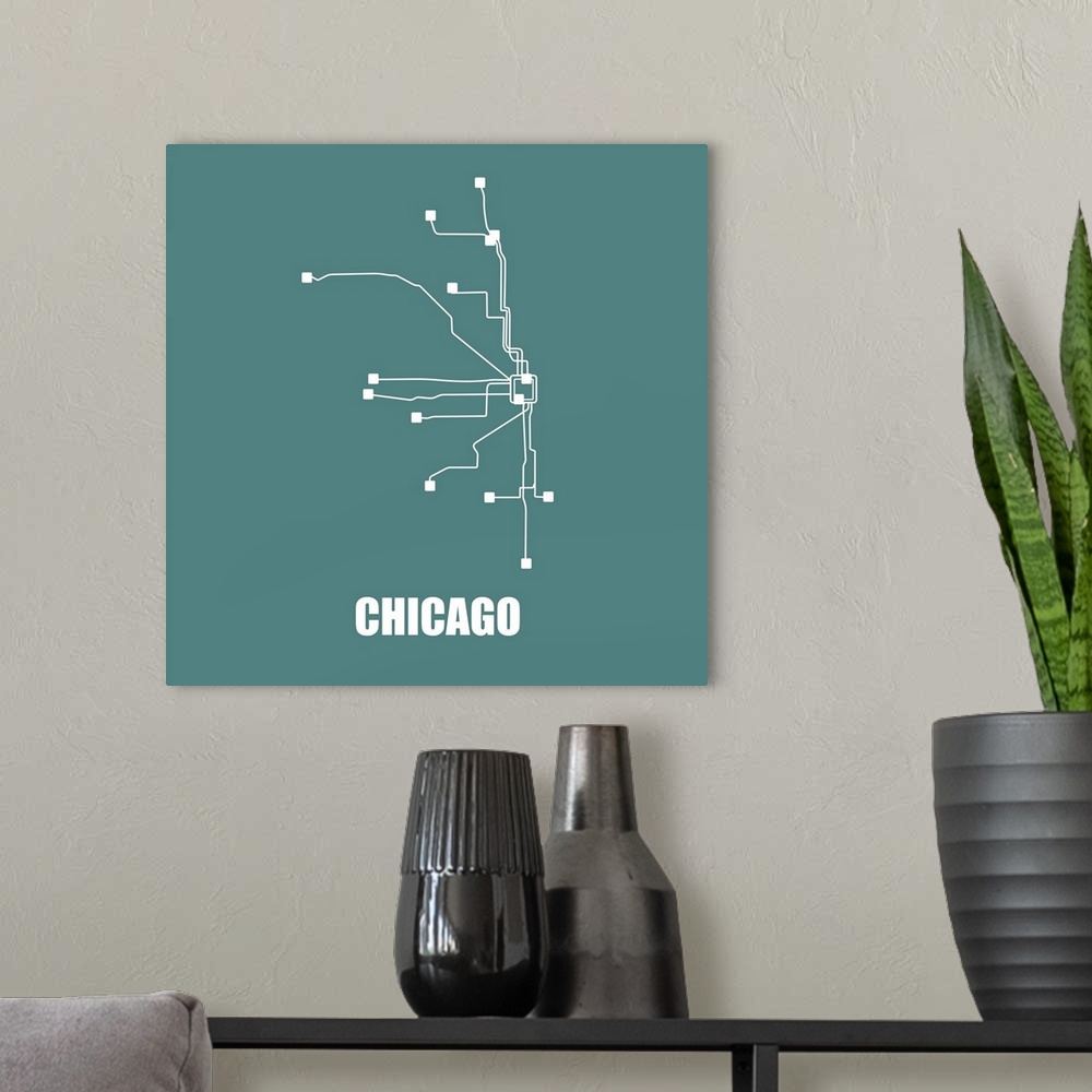 A modern room featuring Chicago Teal Subway Map