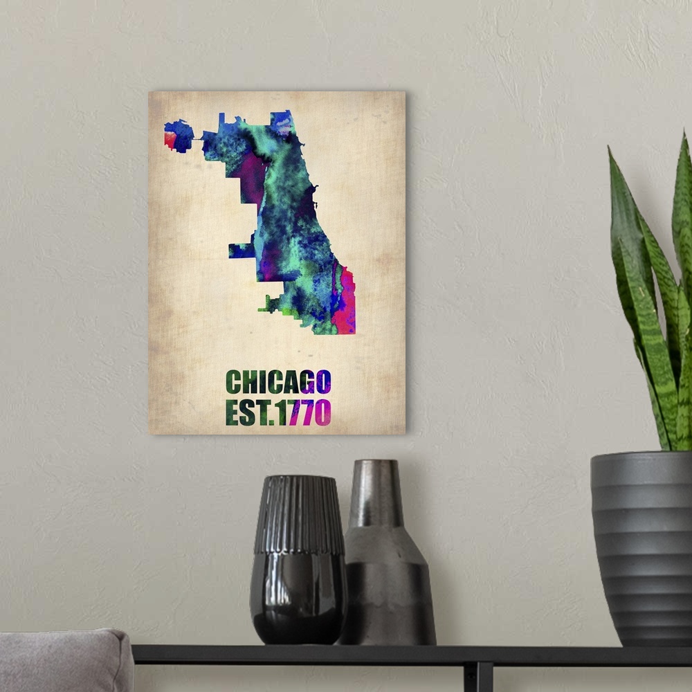 A modern room featuring Chicago Watercolor Map
