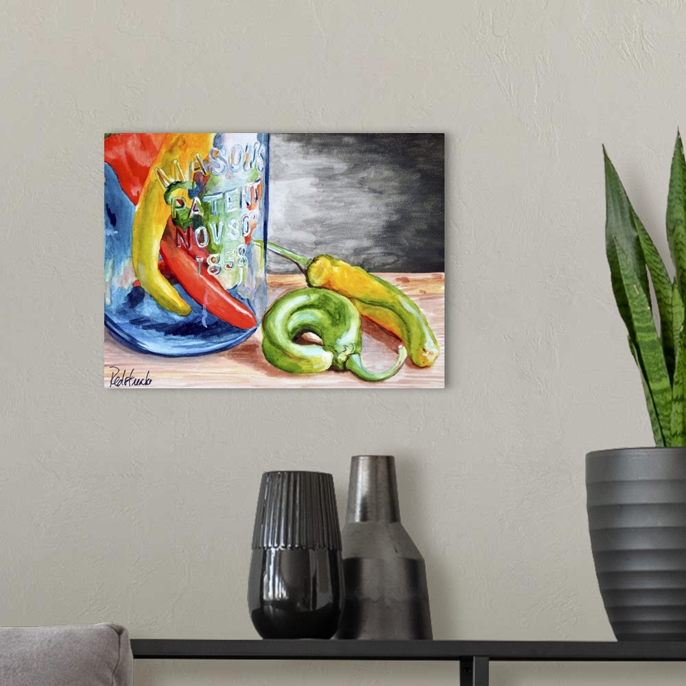 A modern room featuring Contemporary painting of a glass jar containing chili peppers.