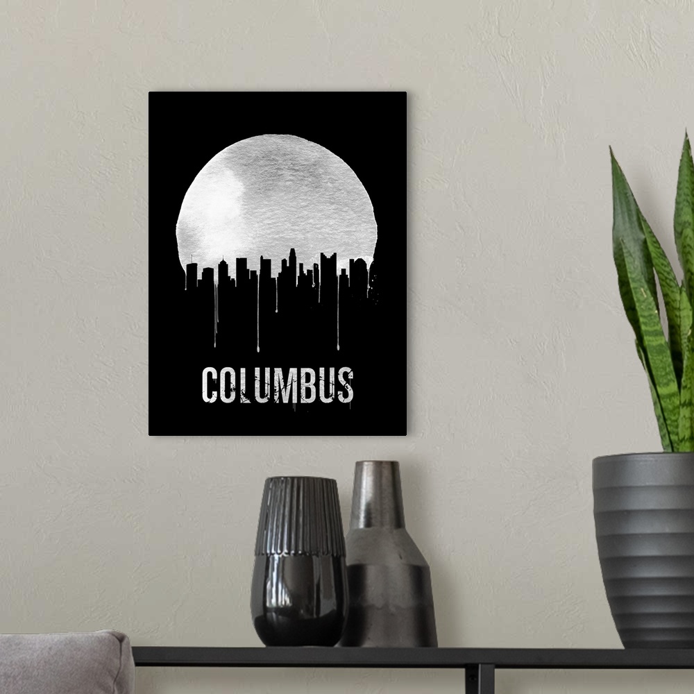A modern room featuring Contemporary watercolor artwork of the Columbus city skyline, in silhouette.
