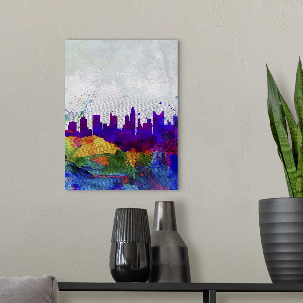 A modern room featuring Columbus Watercolor Skyline