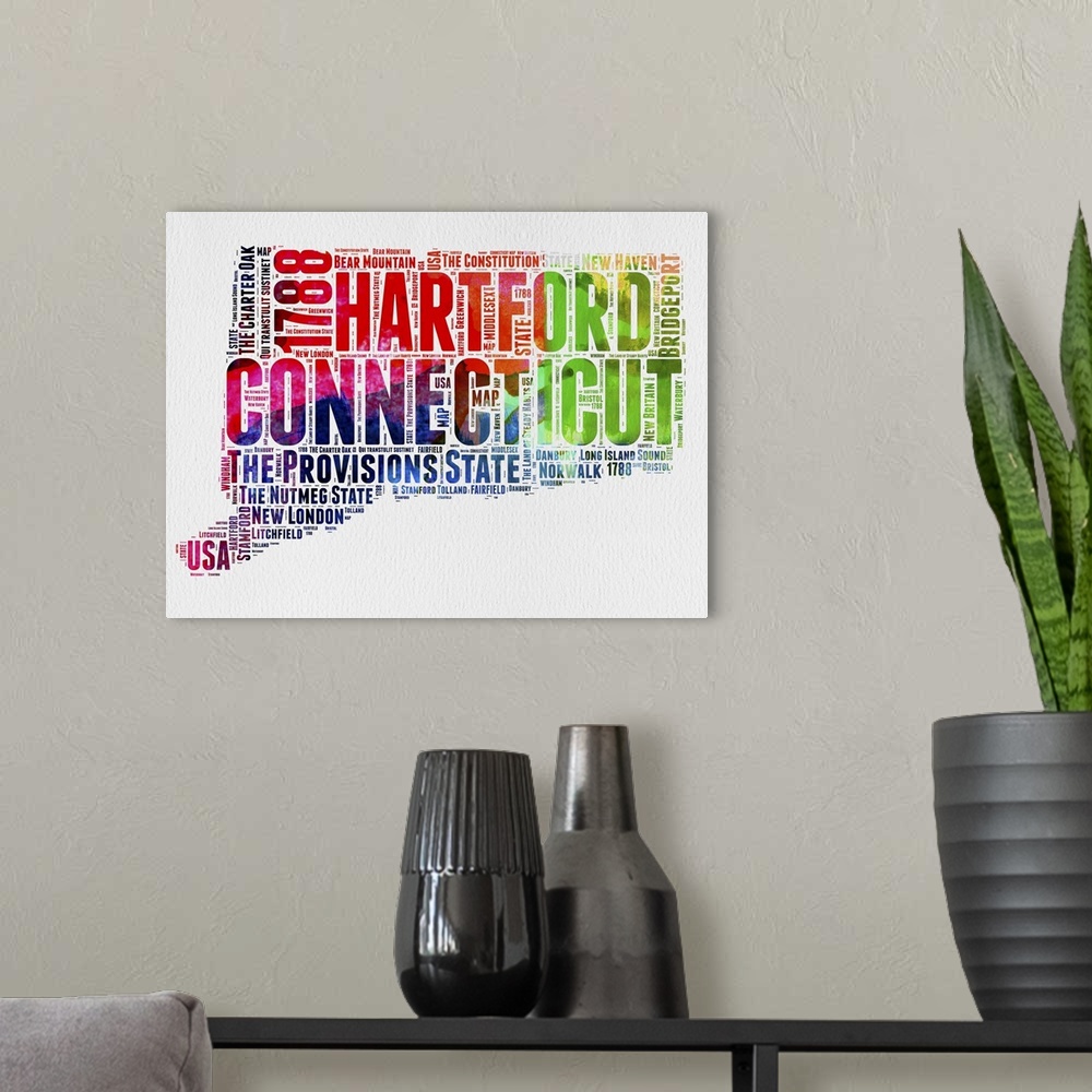 A modern room featuring Watercolor typography art map of the US state Connecticut.