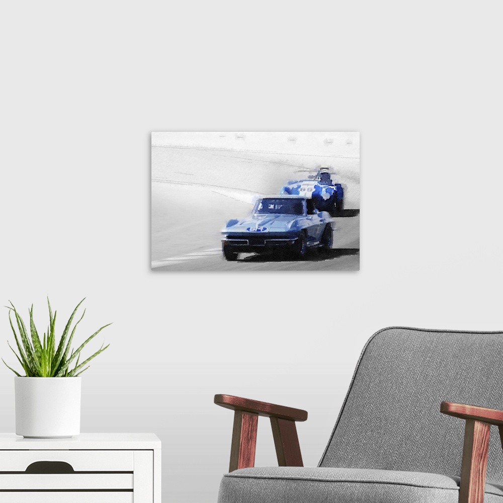 A modern room featuring Corvette and AC Cobra Shelby Watercolor