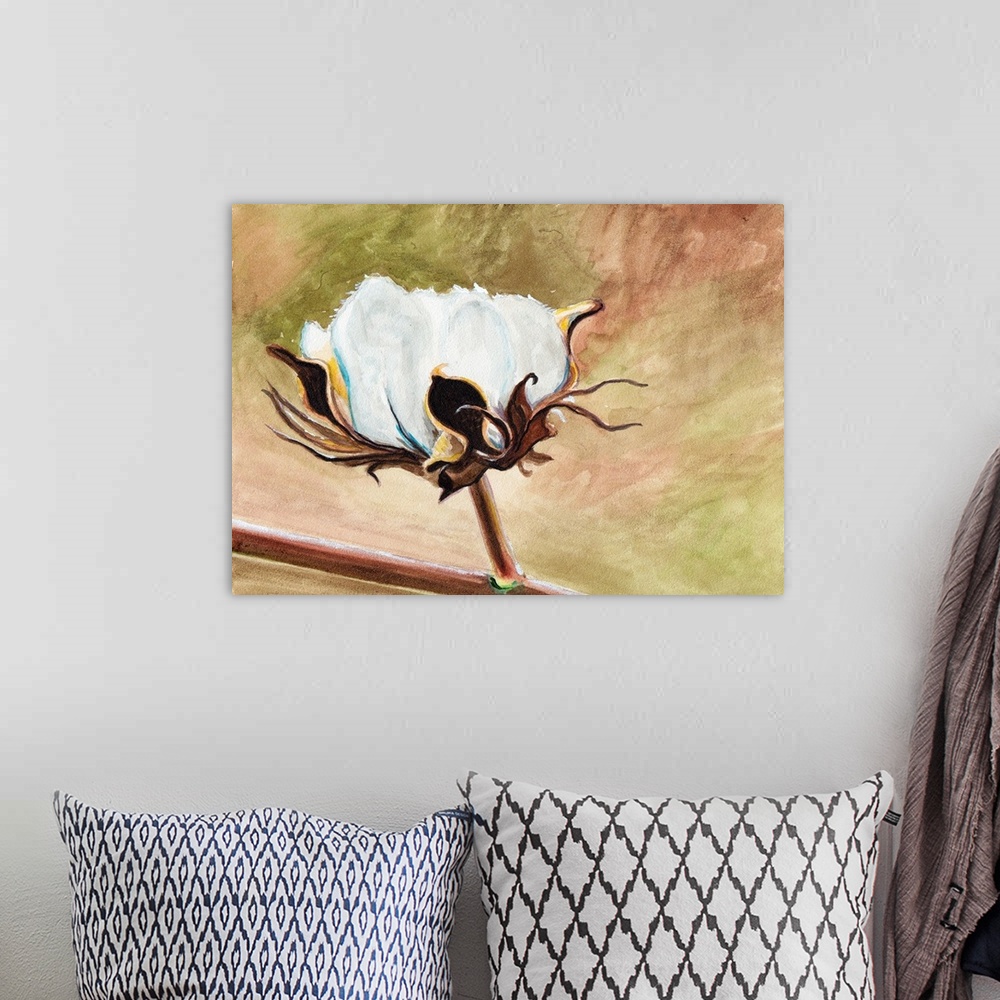 A bohemian room featuring Contemporary painting of close view of a cotton flower.