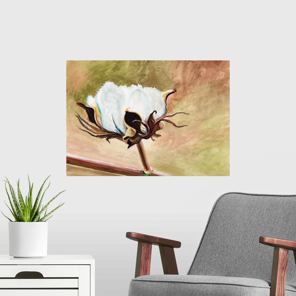 A modern room featuring Contemporary painting of close view of a cotton flower.