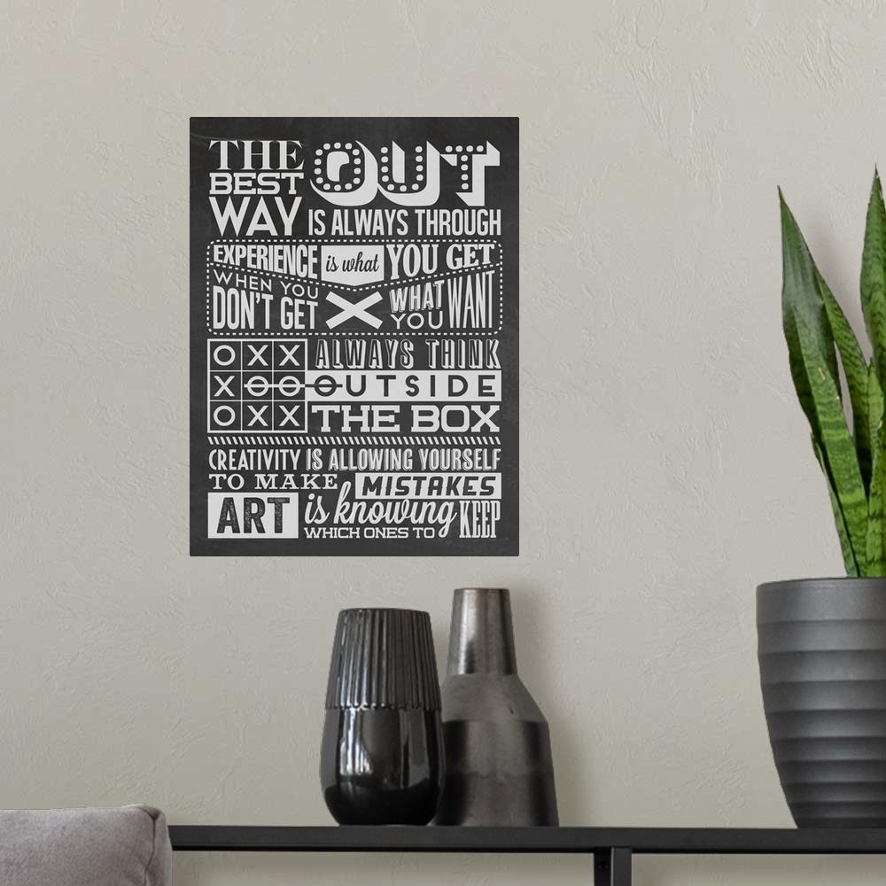 A modern room featuring Contemporary chalkboard style typography art.