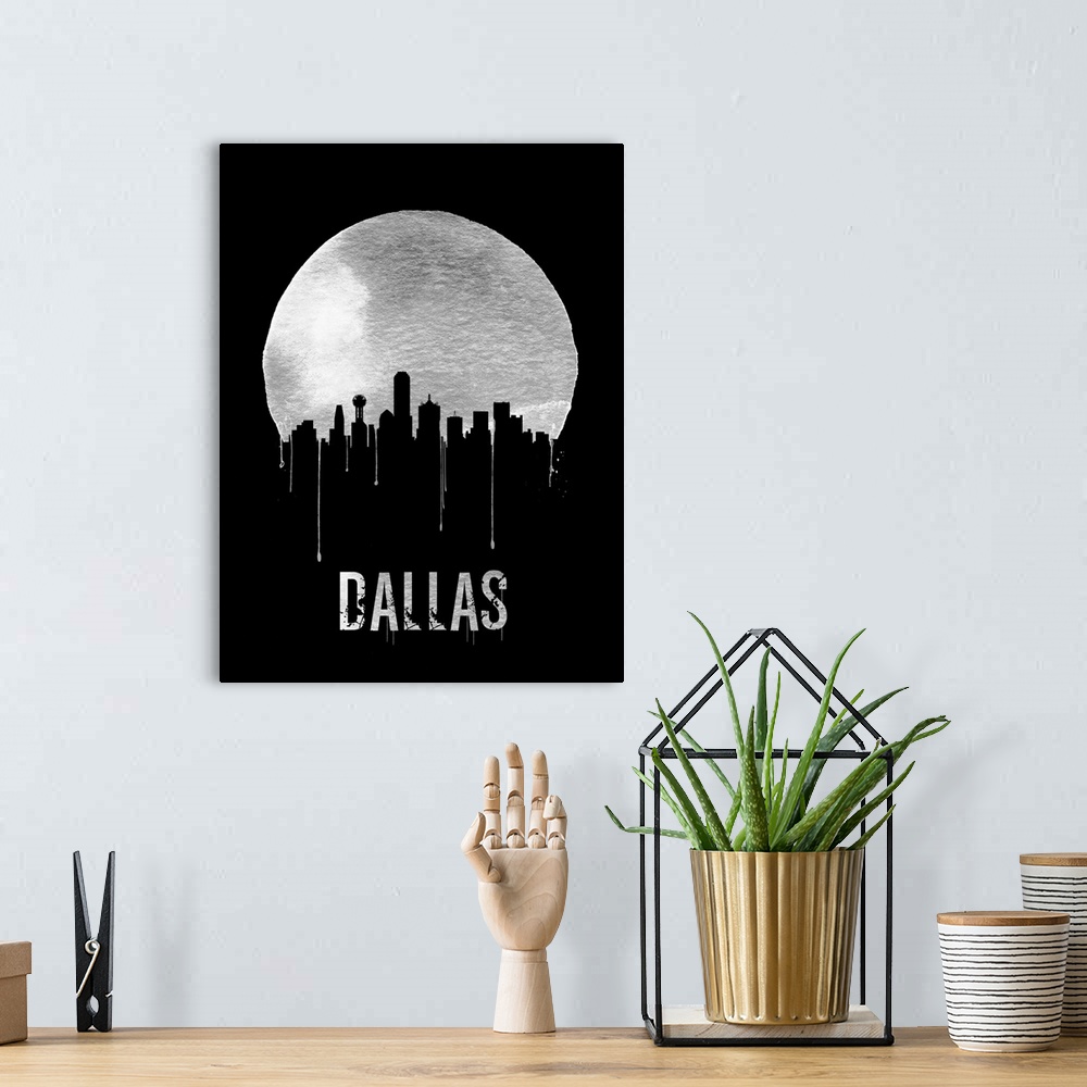 A bohemian room featuring Contemporary watercolor artwork of the Dallas city skyline, in silhouette.