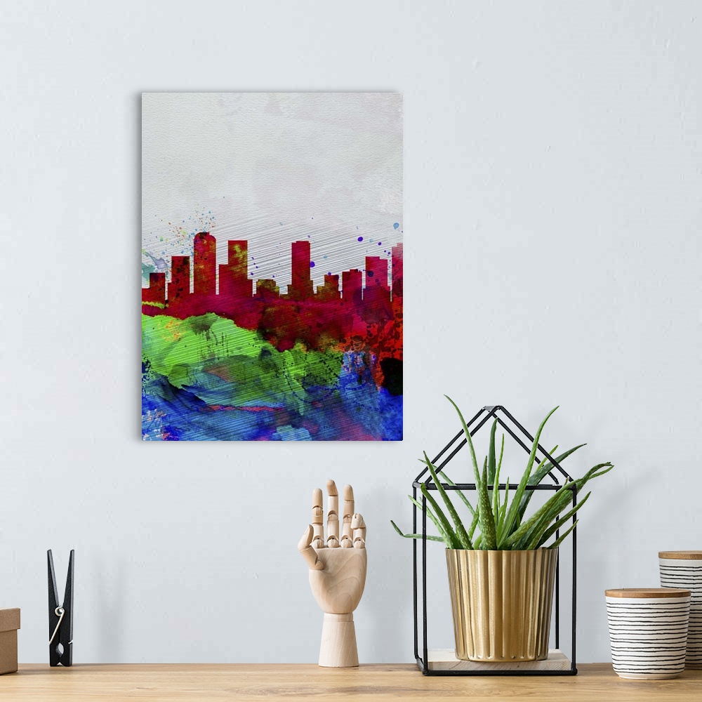 A bohemian room featuring Denver Watercolor Skyline