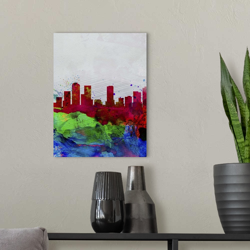 A modern room featuring Denver Watercolor Skyline