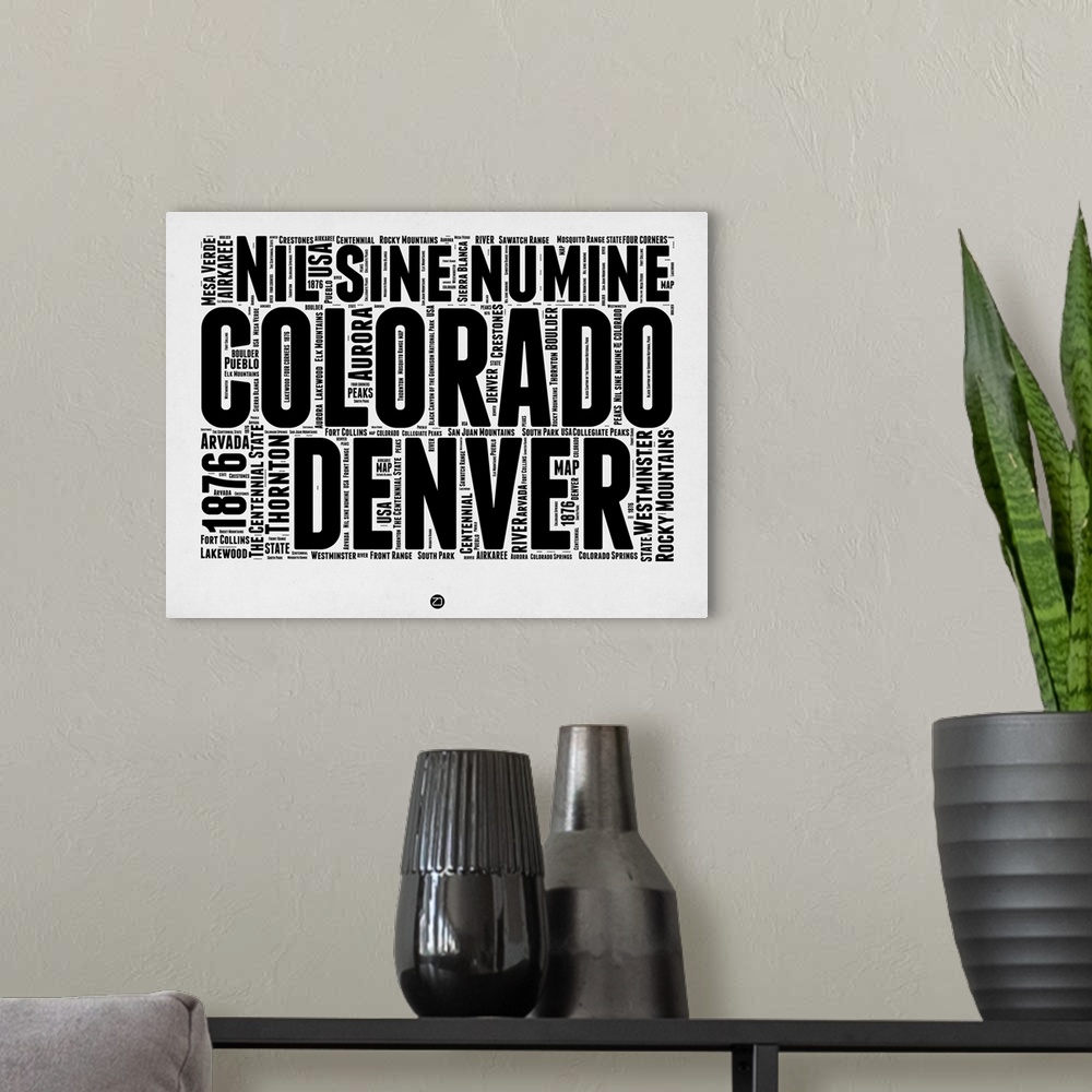 A modern room featuring Typography art map of the US state Denver.