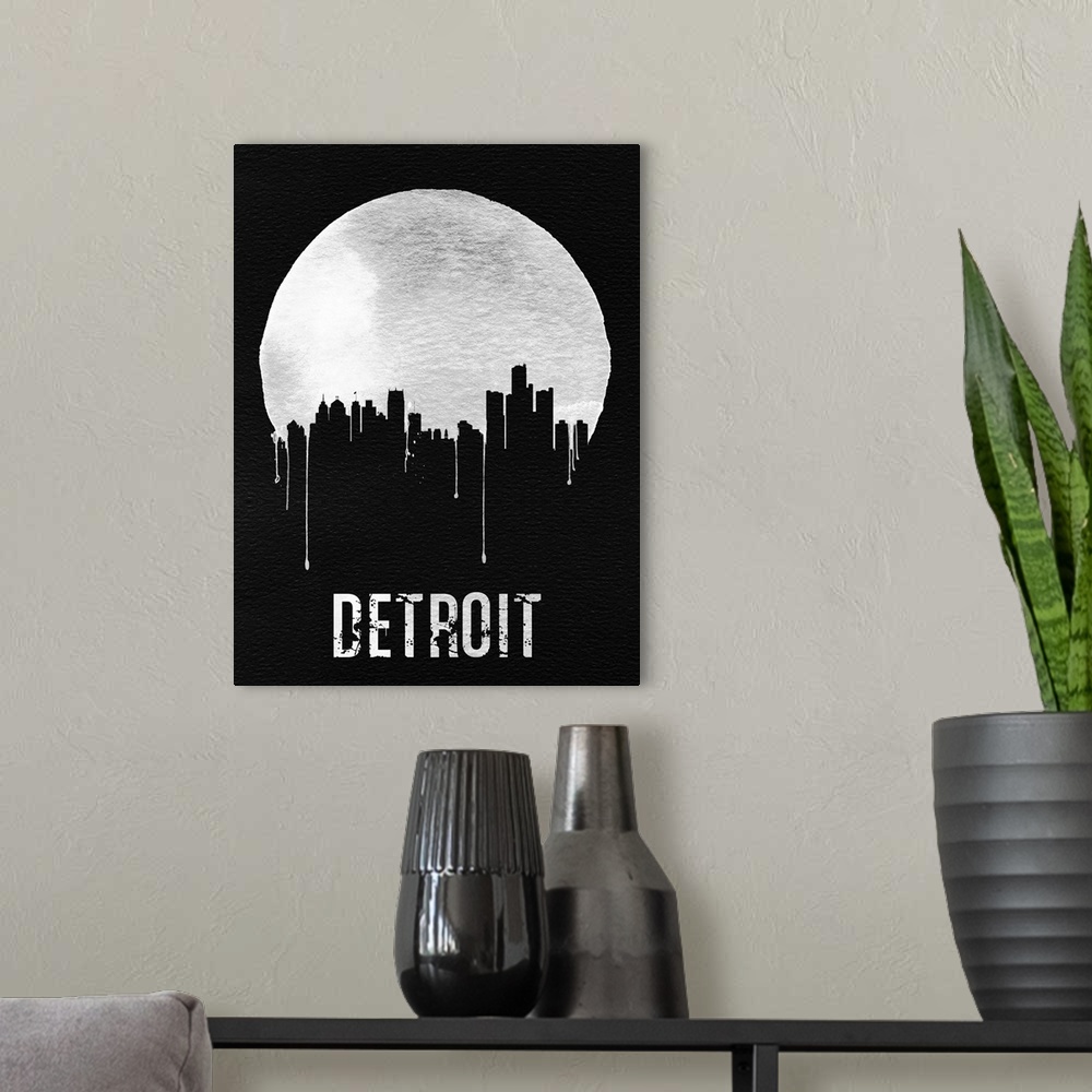 A modern room featuring Contemporary watercolor artwork of the Detroit city skyline, in silhouette.