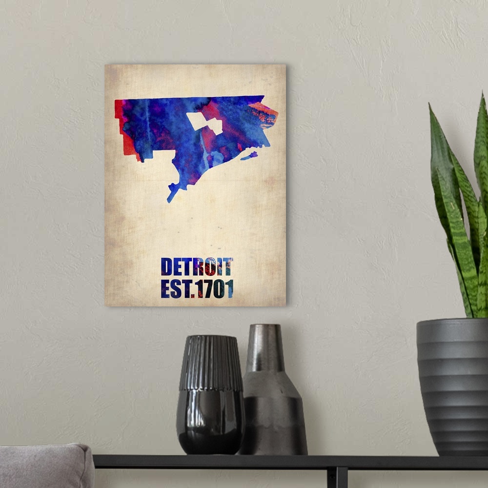 A modern room featuring Detroit Watercolor Map