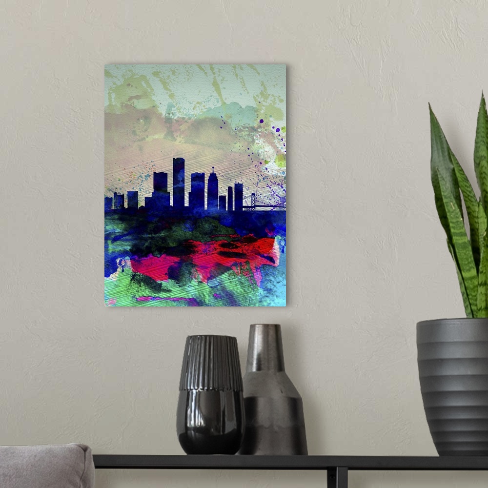 A modern room featuring Detroit Watercolor Skyline