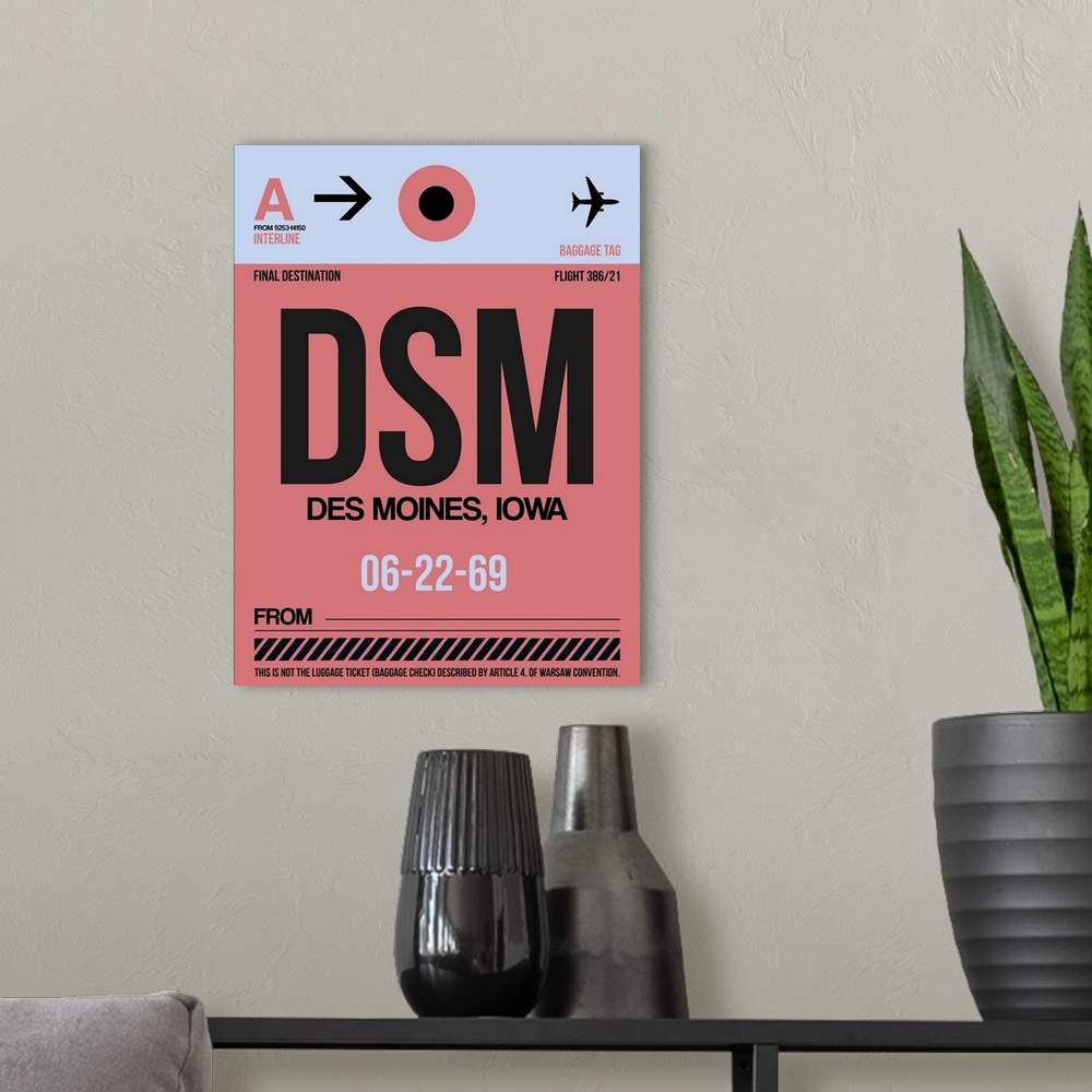 A modern room featuring DSM Des Moines Luggage Tag I