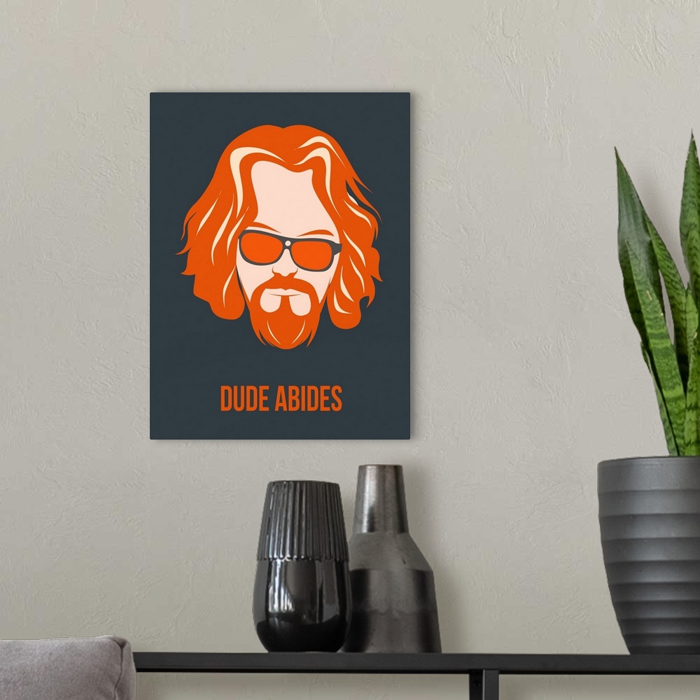 A modern room featuring Dude Abides Orange Poster
