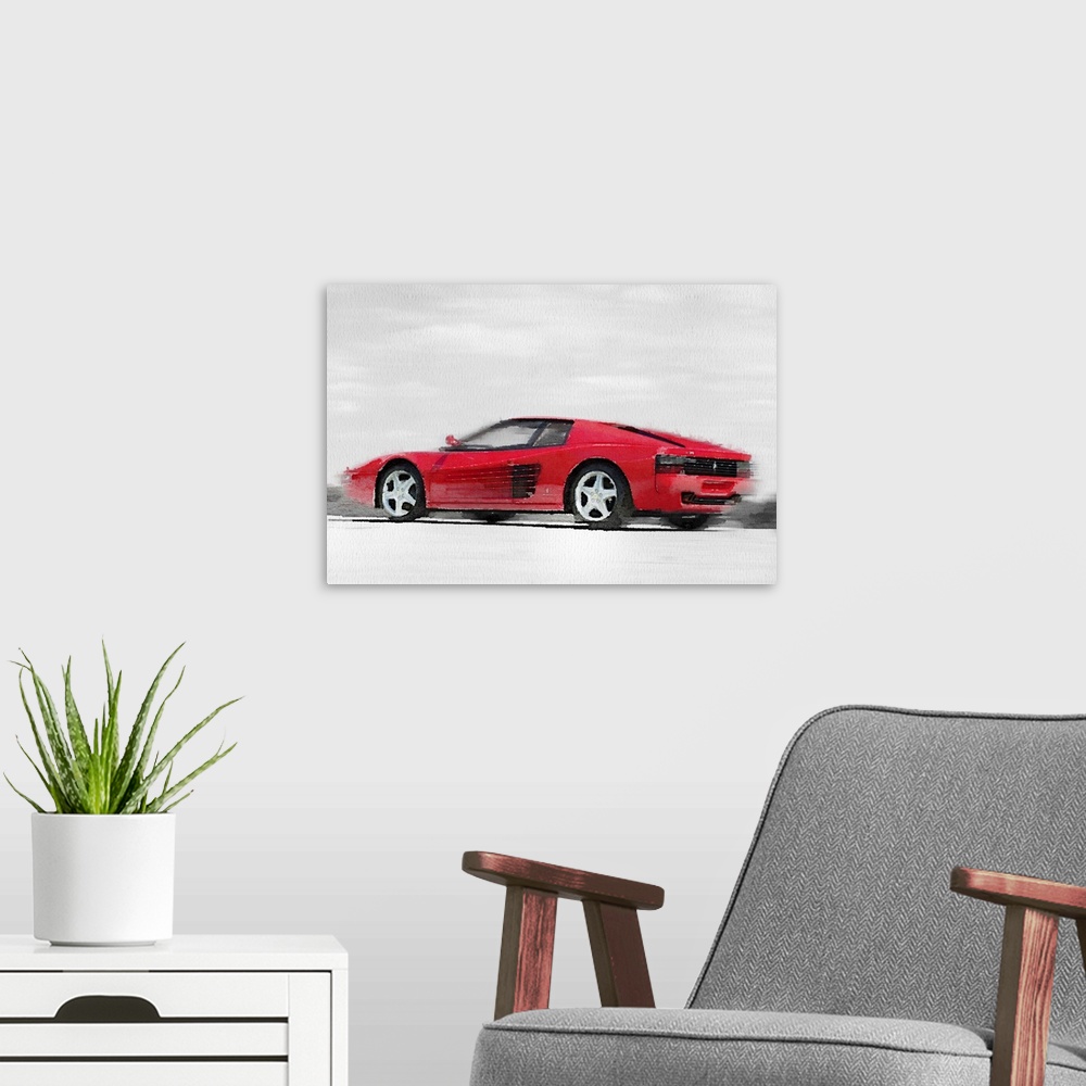 A modern room featuring Ferrari 512 TR Testarossa Watercolor