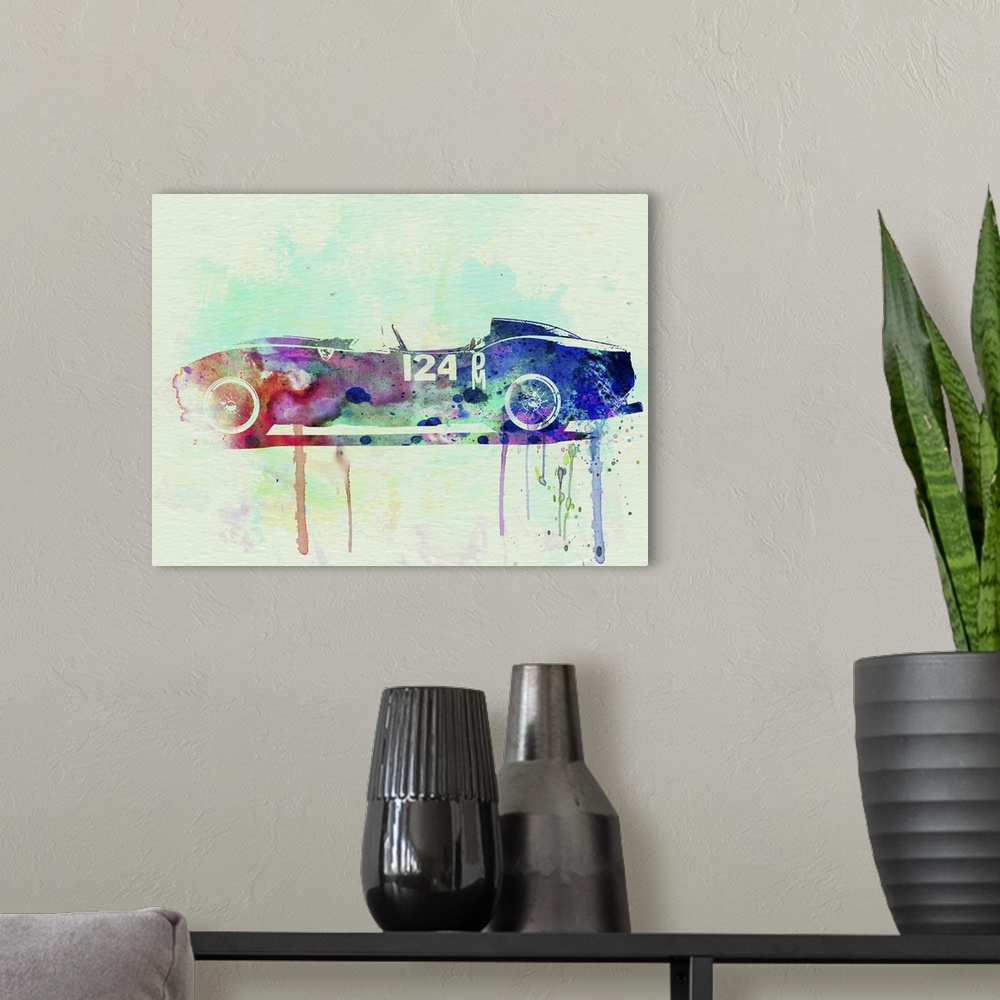 A modern room featuring Watercolor painting of a vintage Ferrari racing car with paint splatters and drips coming from th...