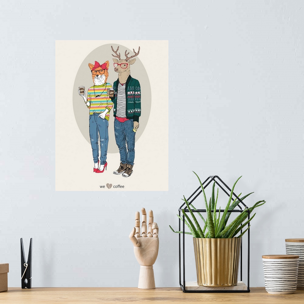 A bohemian room featuring Contemporary illustrative artwork of an animal in hipster fashion against a white background.
