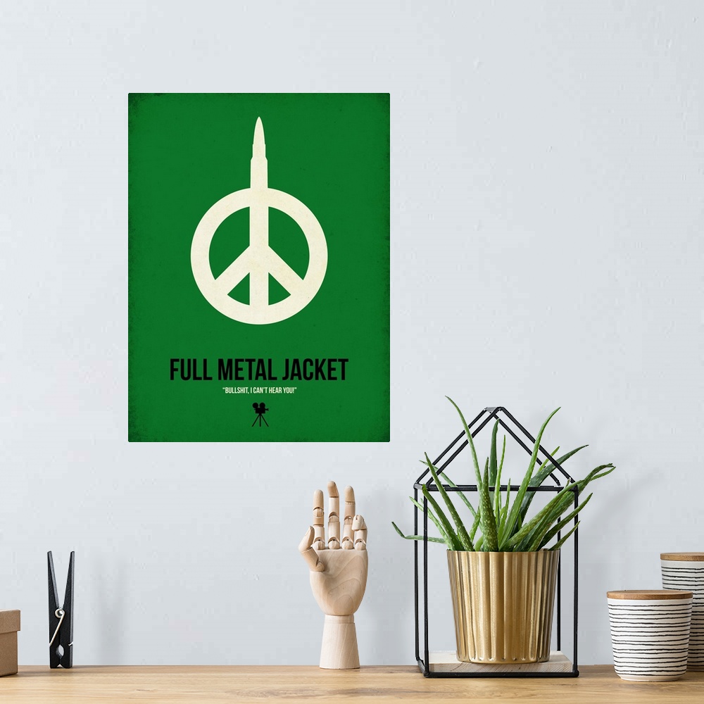 A bohemian room featuring Contemporary minimalist movie poster artwork of Full Metal Jacket.