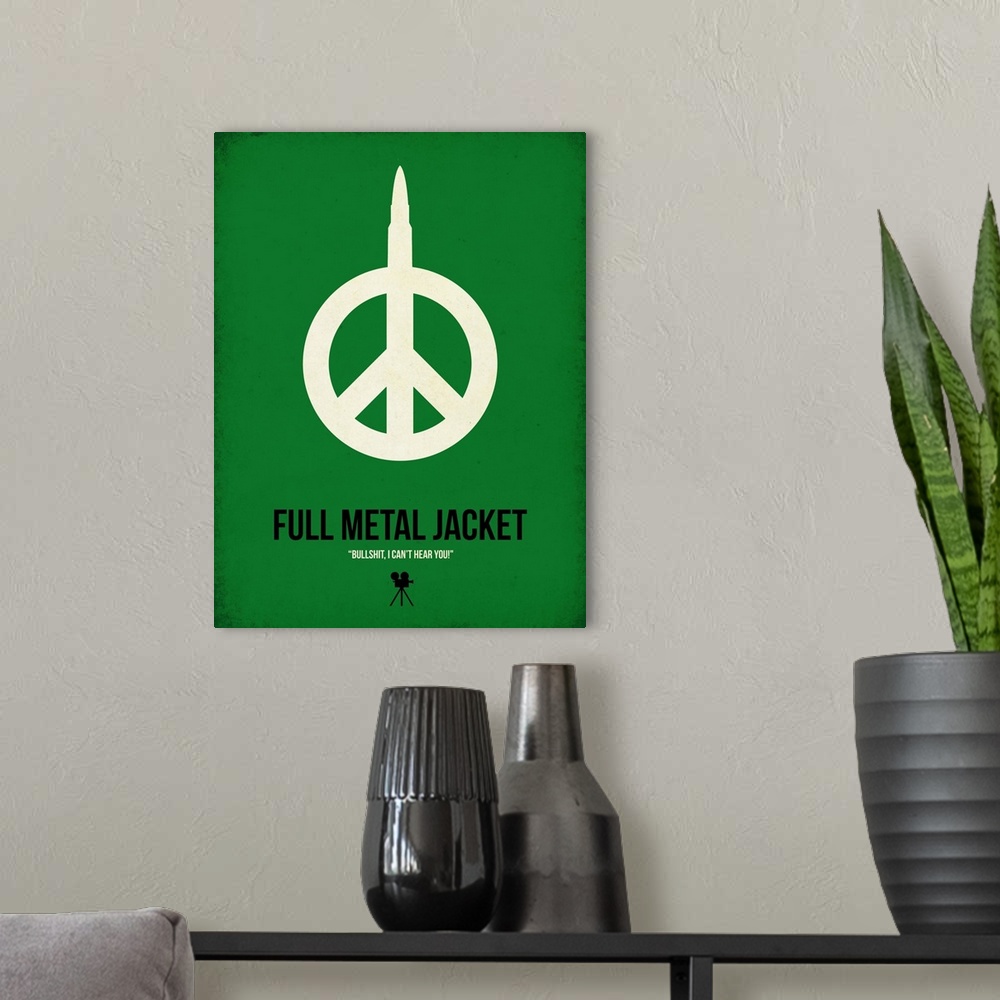 A modern room featuring Contemporary minimalist movie poster artwork of Full Metal Jacket.