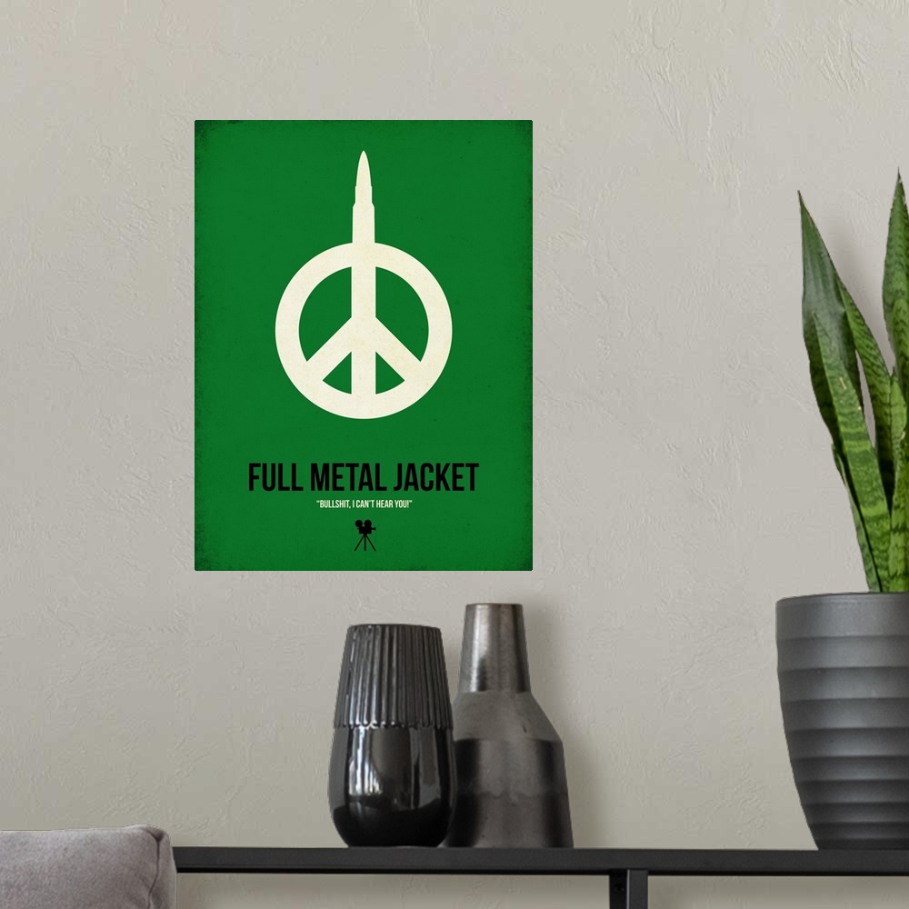 A modern room featuring Contemporary minimalist movie poster artwork of Full Metal Jacket.