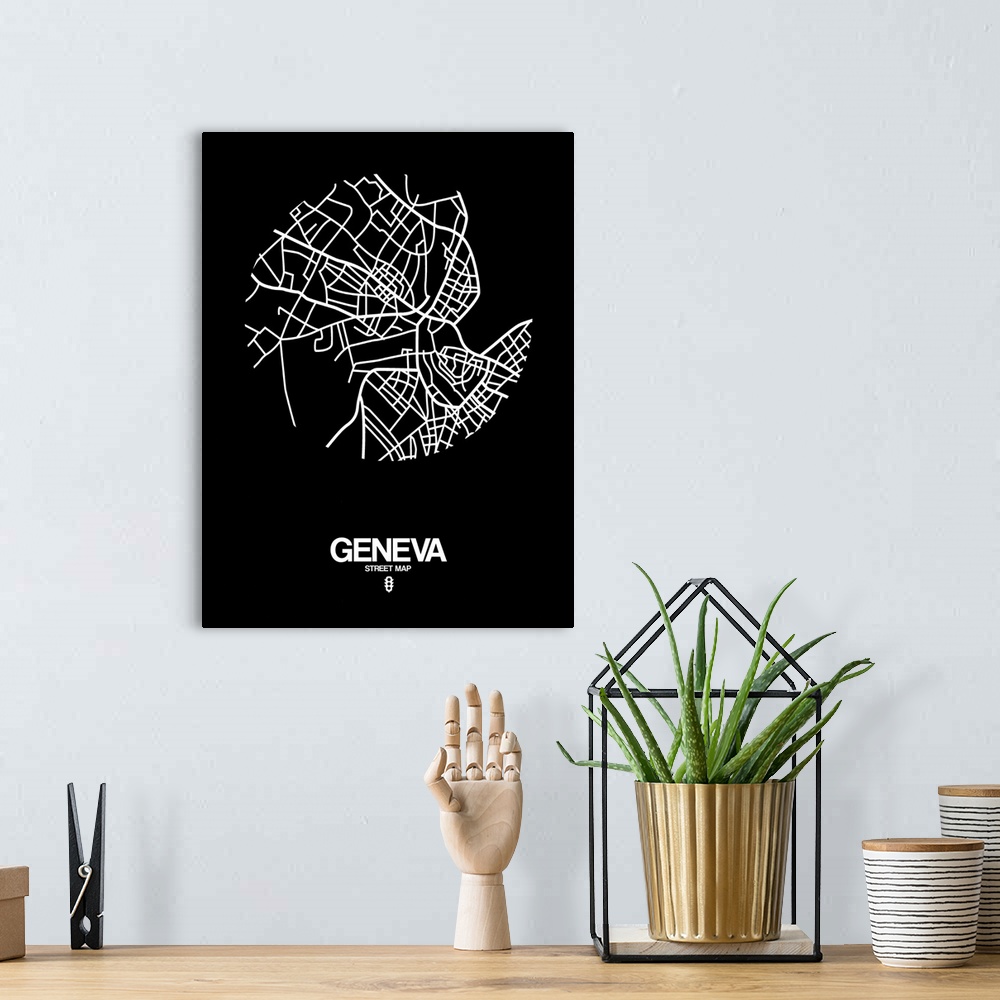 A bohemian room featuring Minimalist art map of the city streets of Geneva in black and white.