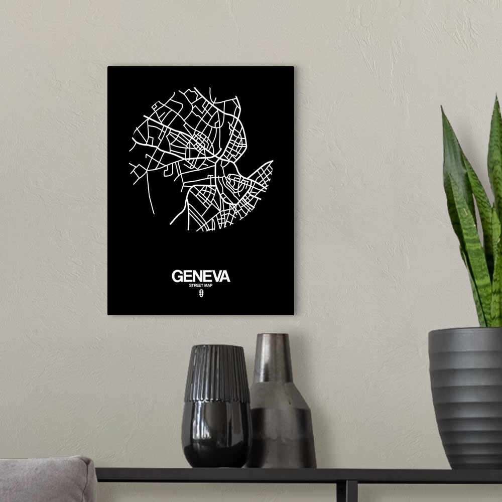 A modern room featuring Minimalist art map of the city streets of Geneva in black and white.