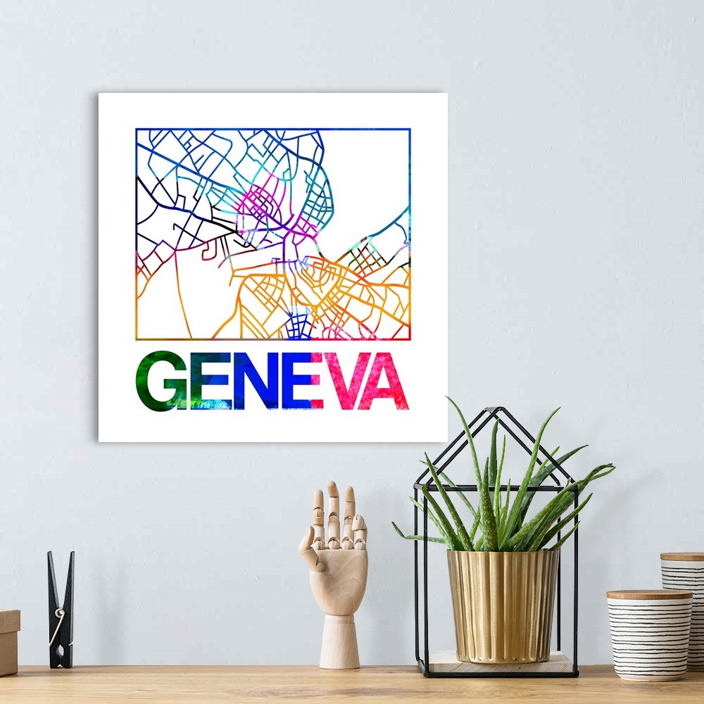 A bohemian room featuring Colorful map of the streets of Geneva, Switzerland.