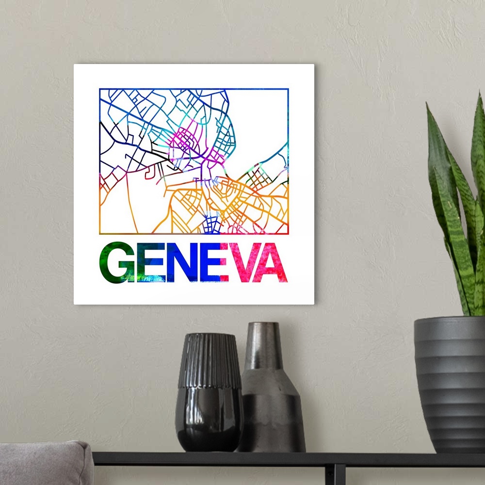 A modern room featuring Colorful map of the streets of Geneva, Switzerland.